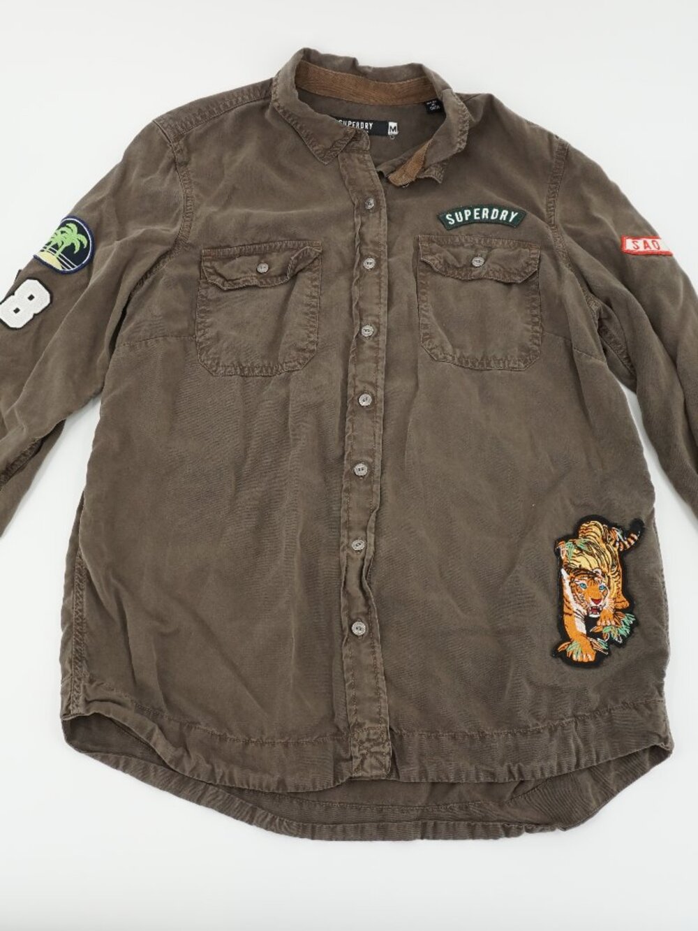 Superdry Military Long Sleeve Shirt Women's Med Embroidered Patches Olive Green
